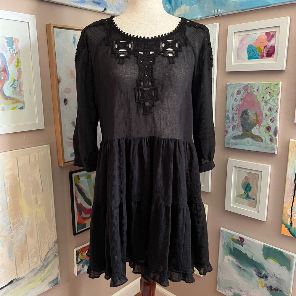 Free People Black Eyelet Bohemian Peasant Witchy Mini Dress Size S Tiered Ruffle